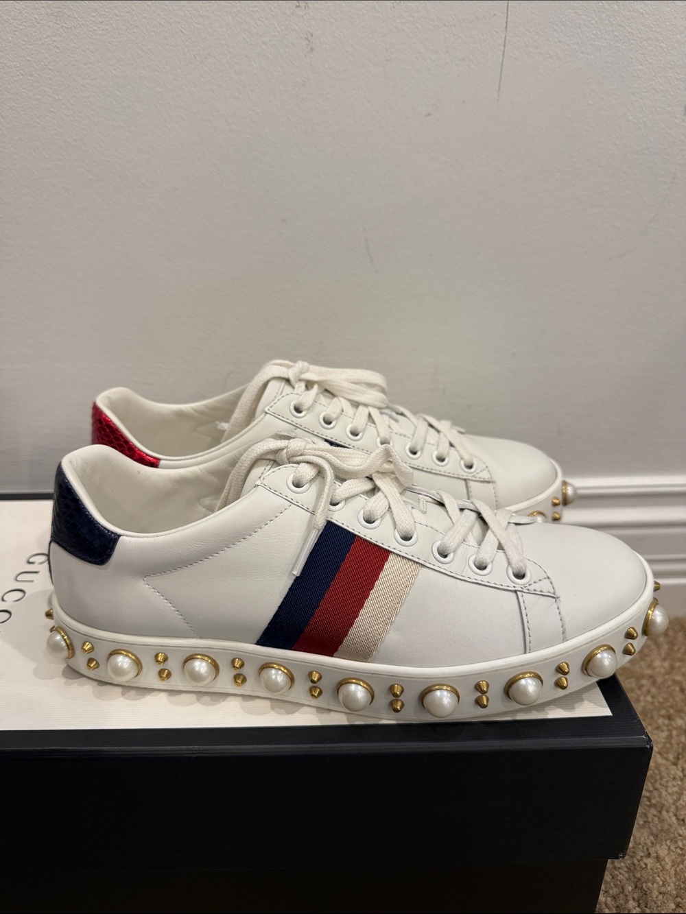 Gucci Ace Pearl Stud Sneakers White Leather | IT 36.5 (fits 37) | Worn Once